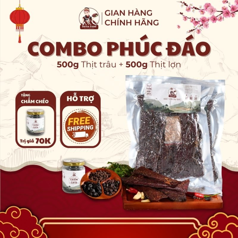 combo phúc đáo 500g thịt trâu gác bếp, 500g thịt lợn gác bếp